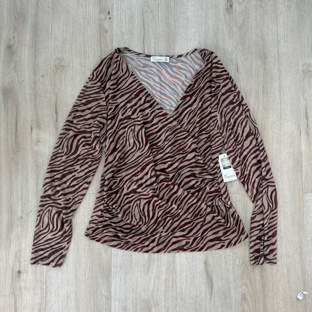 NWT 89th + Madison Brown Zebra Print Long Sleeve Wrap Top Rust Red Size Large